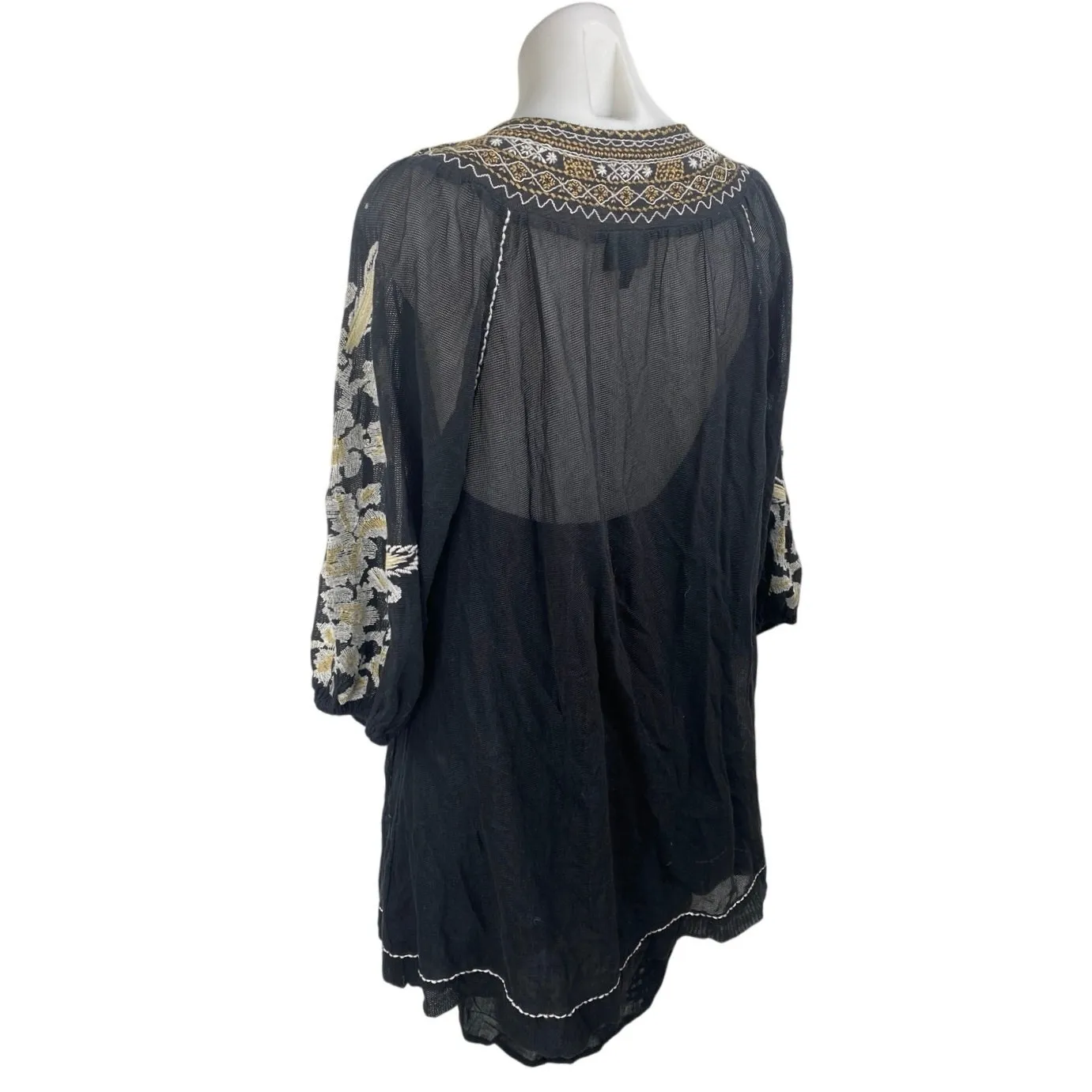 NEW Shyanne Black Floral Embroidered Tassel 3/4 Sleeve Mini Tunic Shift Dress XS - Image 2
