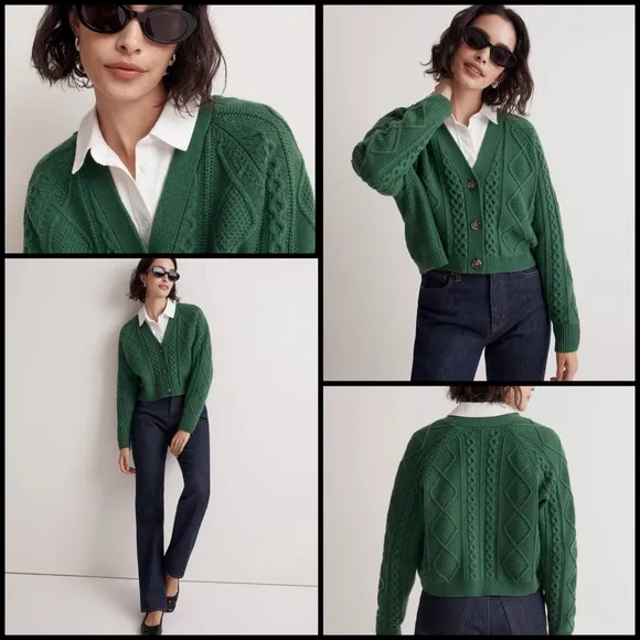 Cable Knit Wool Blend Cropped Varsity Green Cardigan XS - Image 2