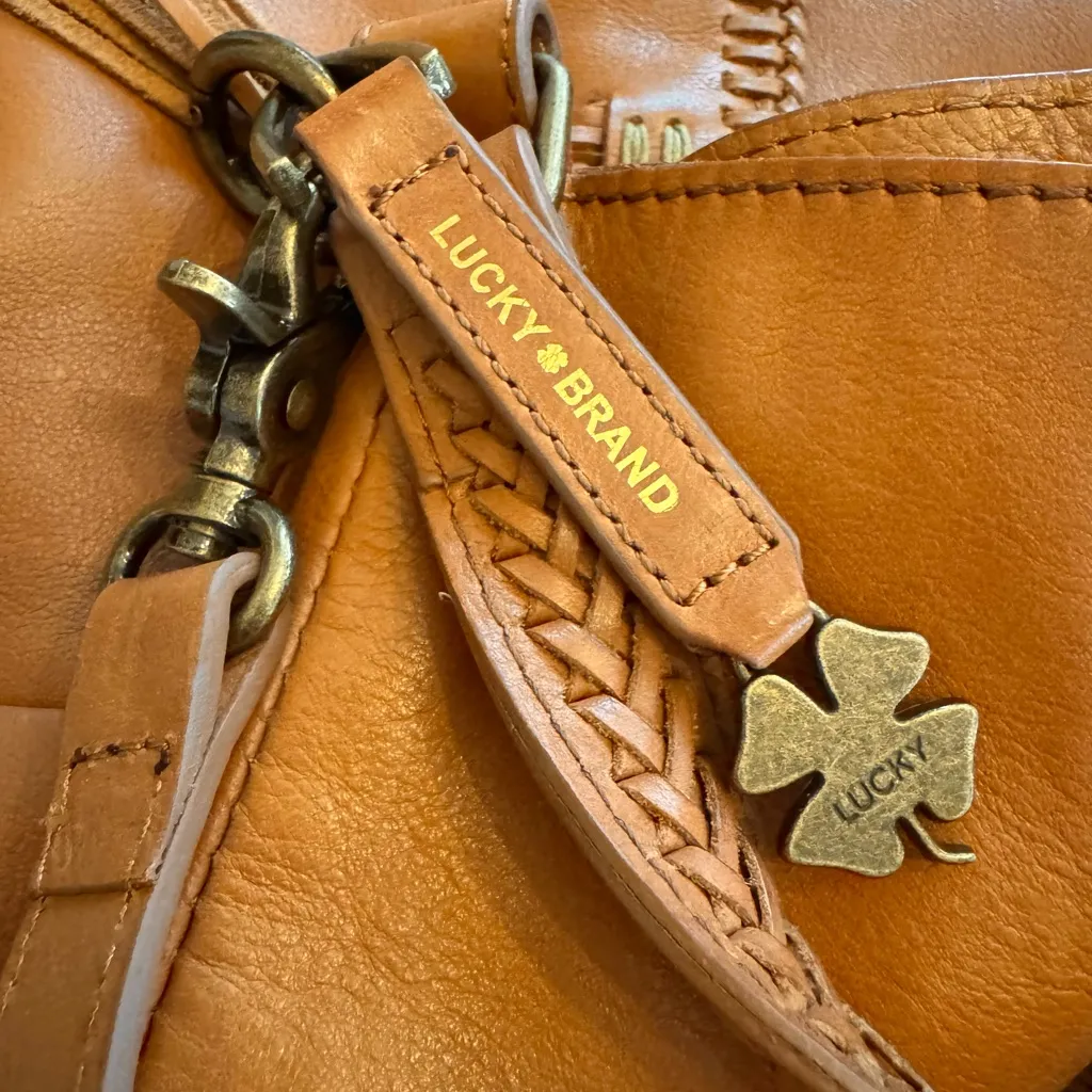 Lucky Leather Tote Shoulder Crossbody Bag with Tassel Cognac - Image 10