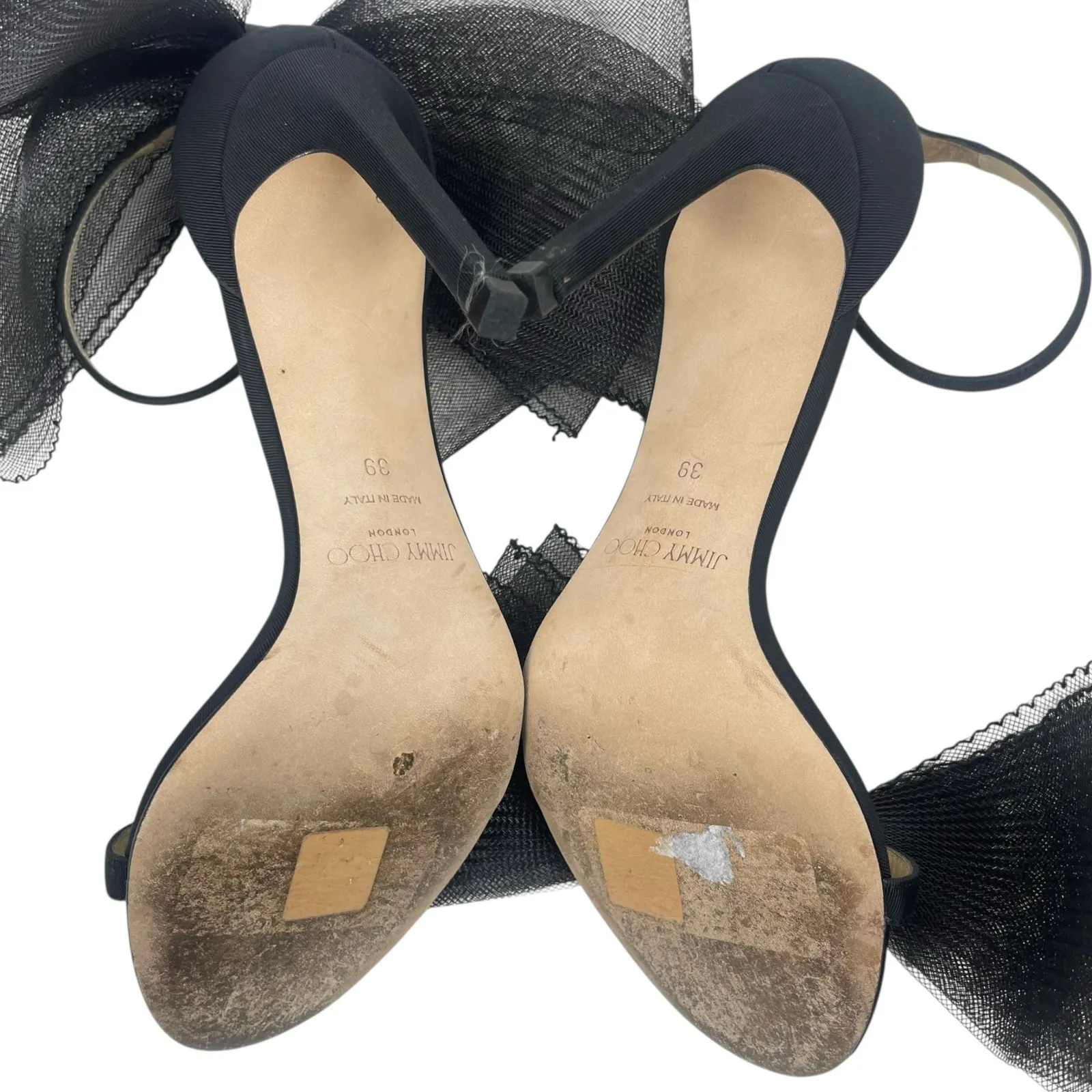 Jimmy Choo Aveline 100 Black Sandal Grosgrain Mesh Fasincator Bow Size 39 - Image 9