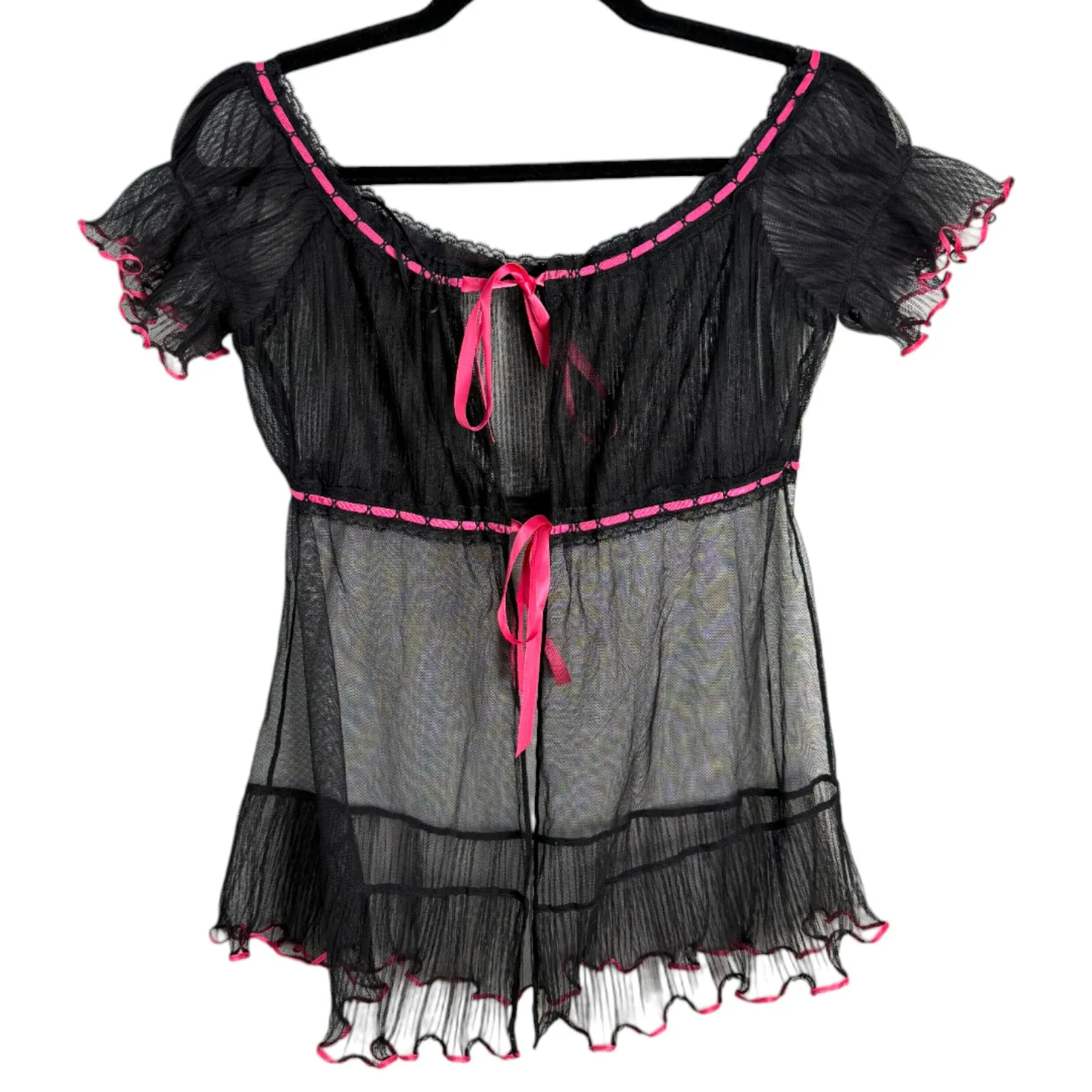 Victoria's Secret Vintage Y2K Sheer Black Pink Tie Topper Topper Medium Large - Image 6