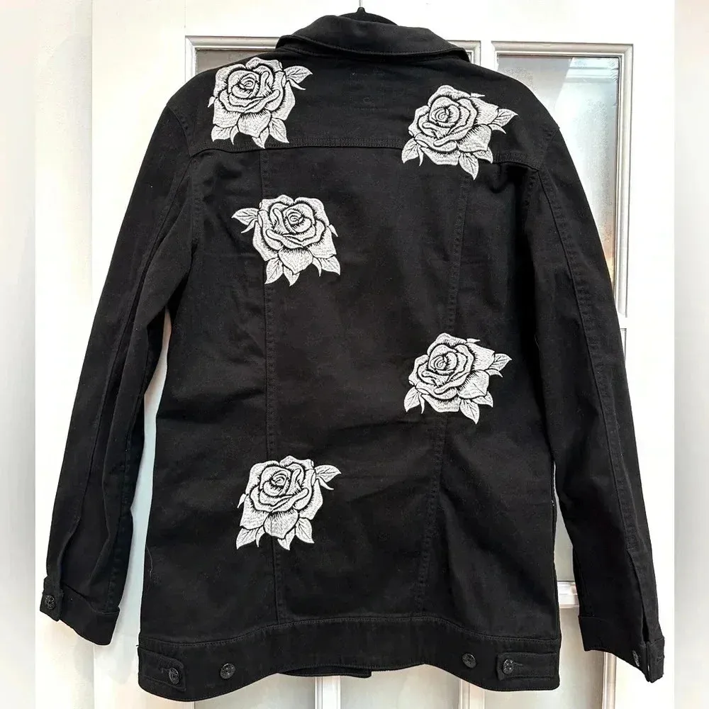 LuLaRoe | Jaxon Black w/ Grey Embroidered Roses Denim Jean Jacket Size L NWOT - Image 3