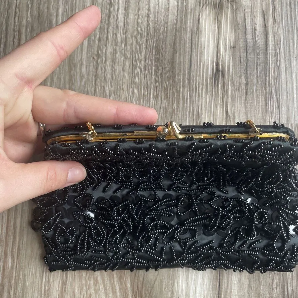 Clutch Bag Black‎ Beaded Evening Purse Hong Kong MCM Kiss Lock Gold Chain Vtg Black - Image 3