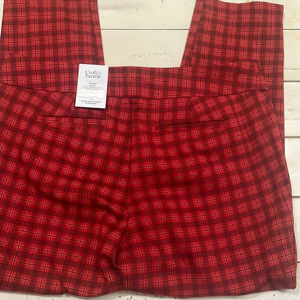 Croft & Barrow Pull On Stretch Pants Straight Fit 22W LONG Red Plaid Valentines - Image 6