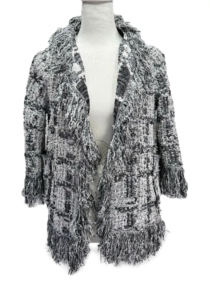 Bruno Manetti Italian Made Cardigan Black & White Fringe Open Front Boho Small - Image 1