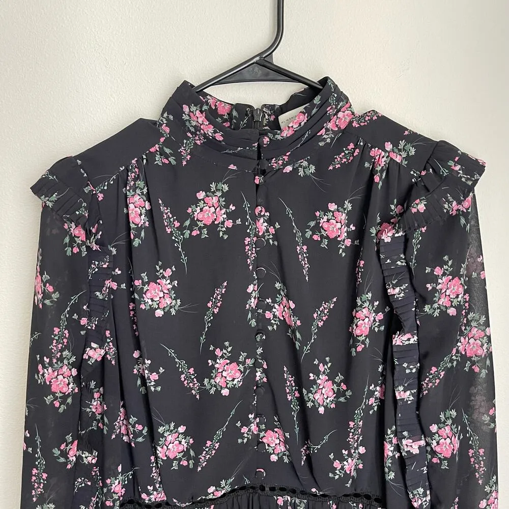 ML Monique Lhuillier Black Floral Ruffle Pleated Dress (Size 10) - Image 3