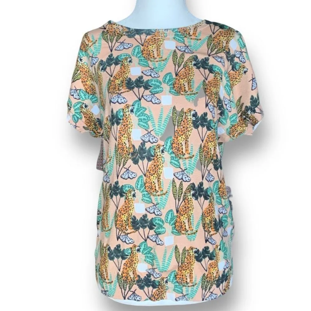 Anthropologie PepaLoves Feline Printed Sweater Tee Leopard Plant Knit Crewneck - Image 3