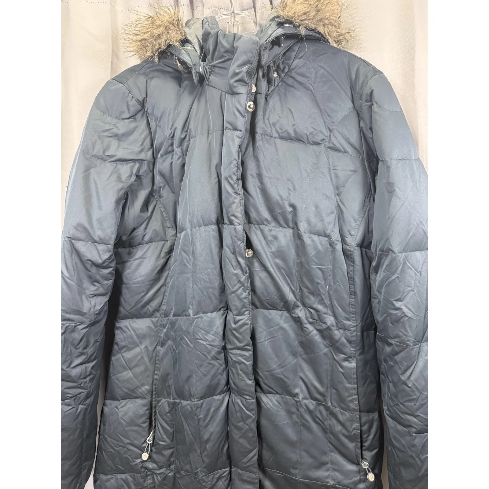 Eddie Bauer Coat Womens Medium Gray Goose Down Puffer Parka Hooded Faux Fur Trim - Image 3