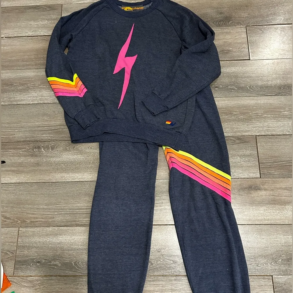 Aviator Nation Blue Neon 5 Stripe Chevron Bolt Sweatshirt and Sweatpants Set - Image 2