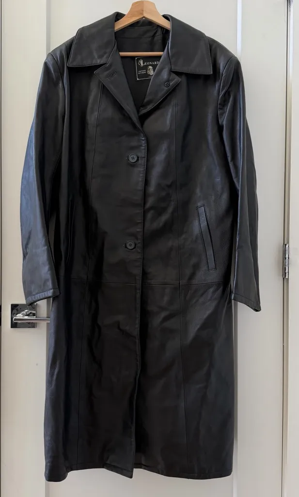 Vintage Leonardo Leather Jacket COAT Black Overcoat Midi Unisex Coat Size 50 - Image 1