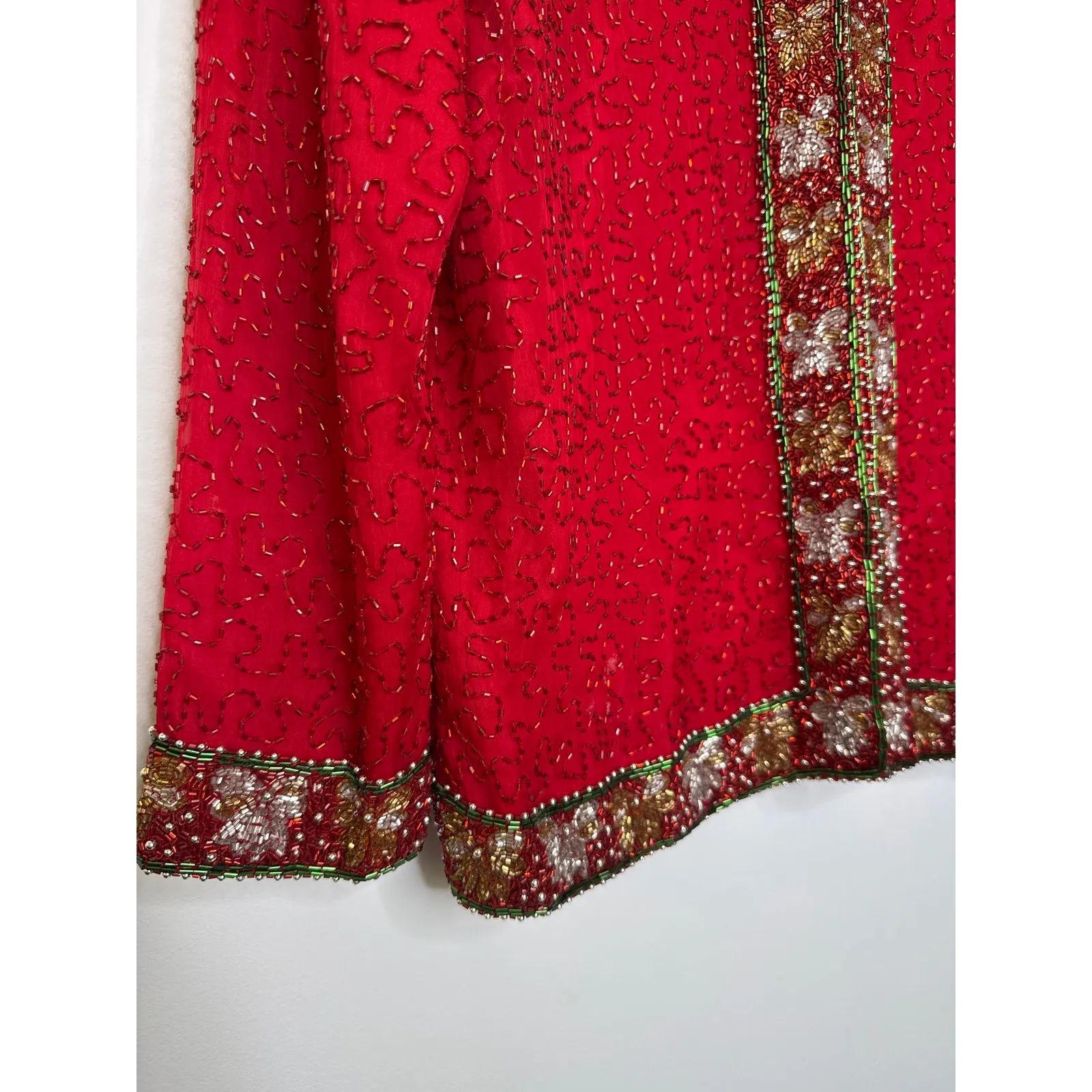 Vintage Laurence Kazer Silk beaded red formal cardigan Jacket Coat hoilday large - Image 6