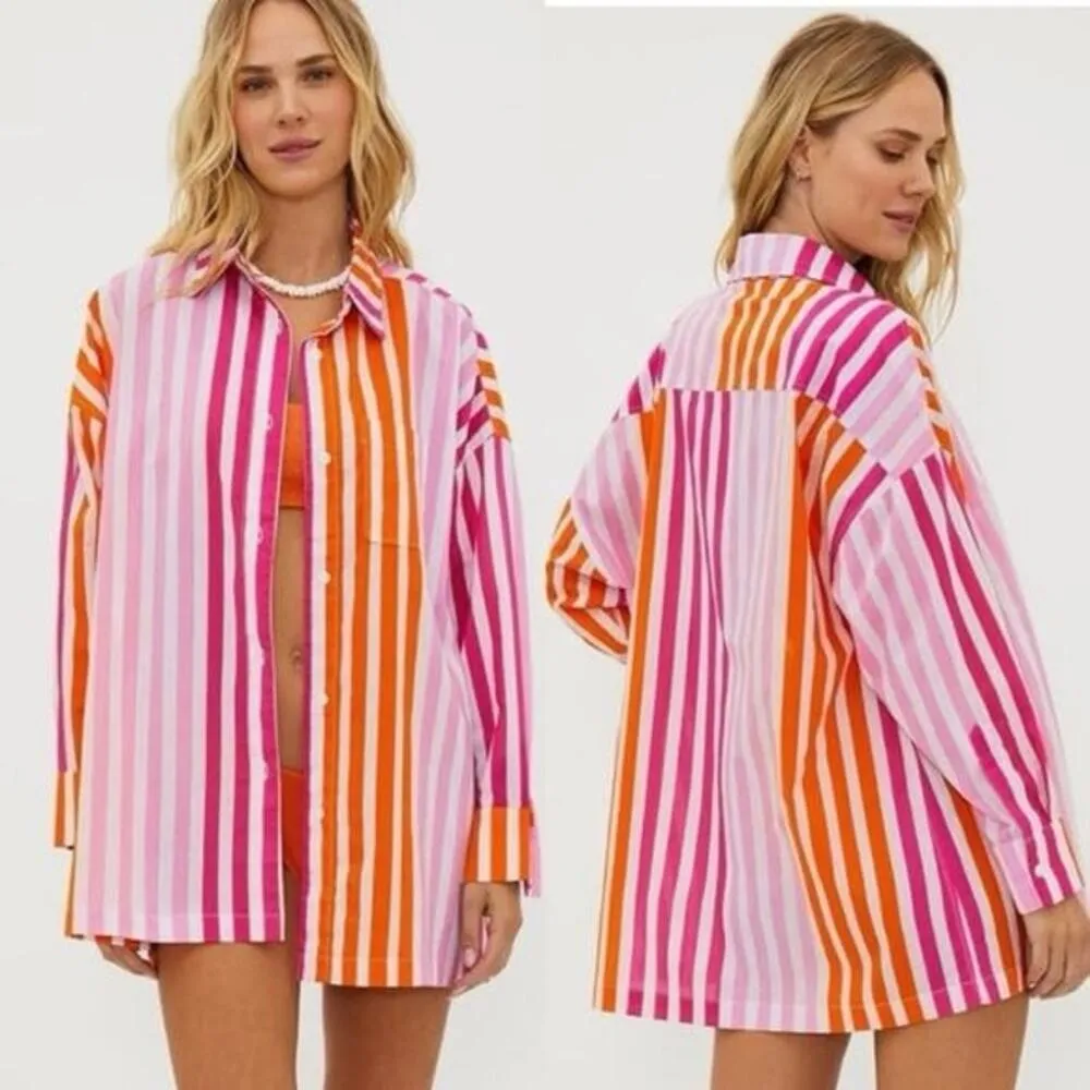 Beach Riot Alexa Coverup Button Down‎ Top Pink Orange Small - Image 7