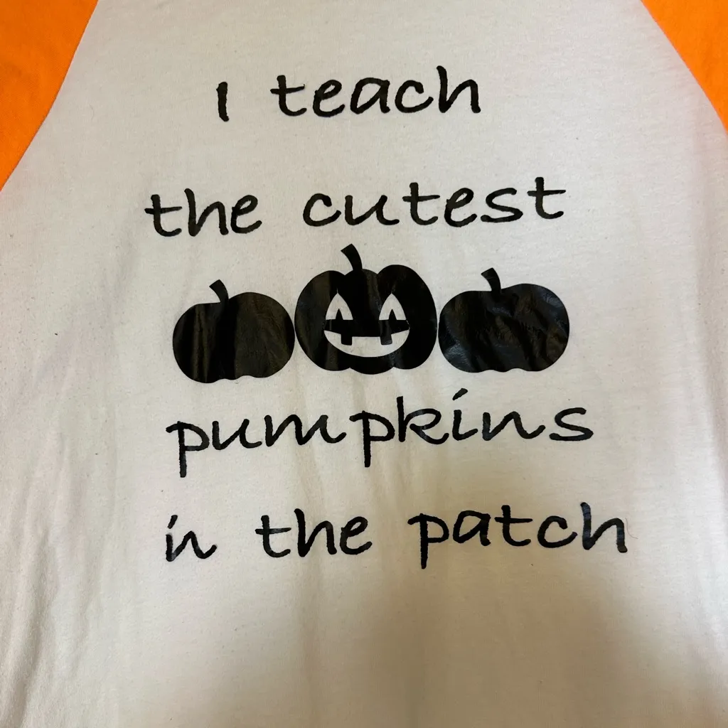 Halloween Shirt for teachers , White with Orange Raglan Sleeves, Women’s size M - Image 3