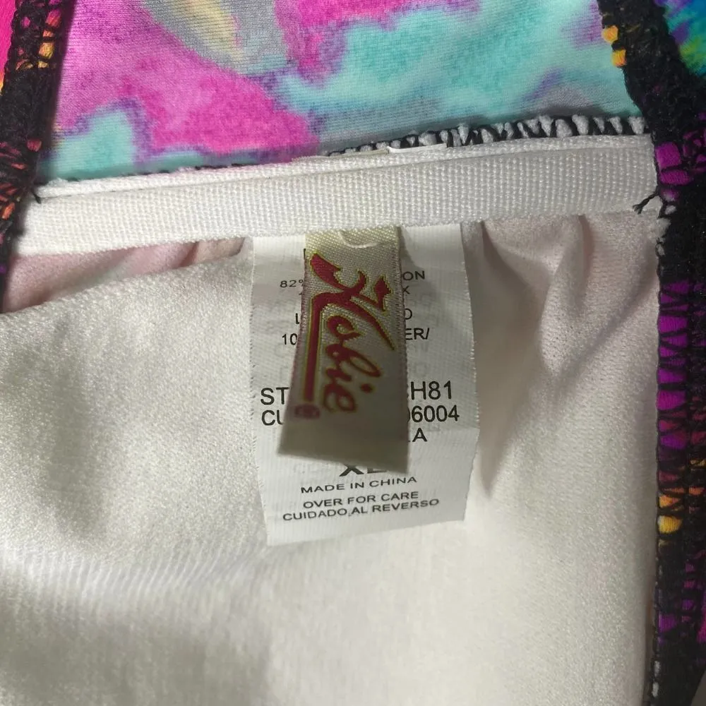 Hobie Padded Halter Beaded Watercolor Tie Back Bikini Swim Top XL Black Pink - Image 4