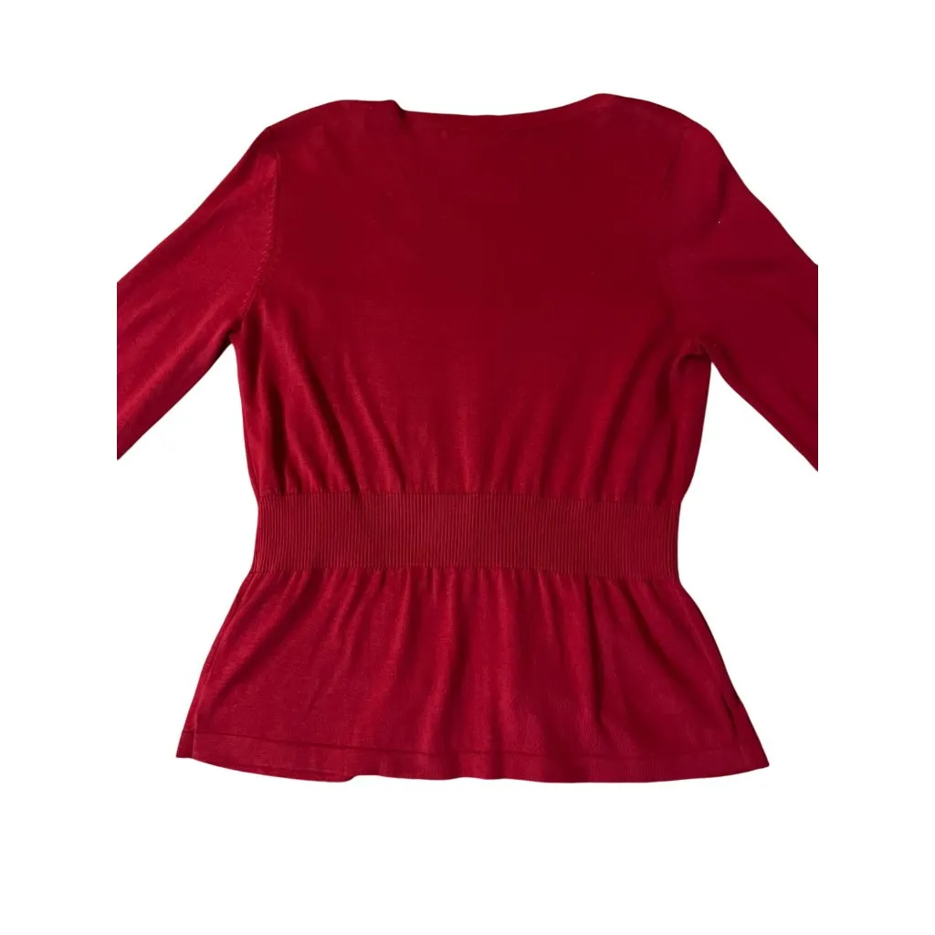 August Silk Red Silk Blend Peplum Sweater Womens M V-Neck Knit Top - Image 11