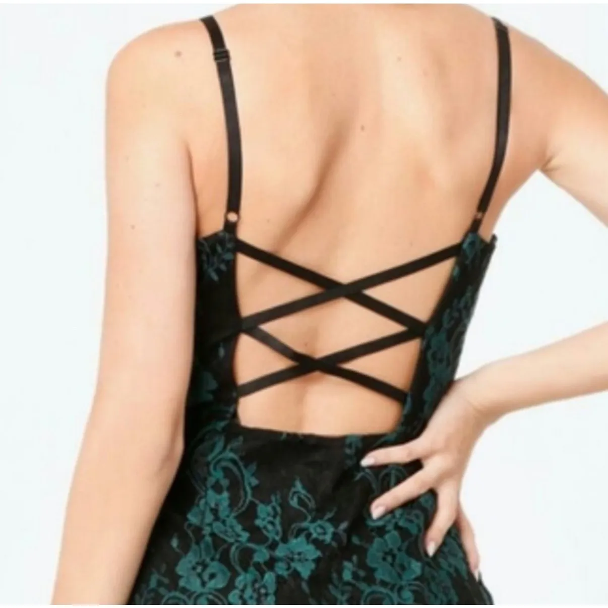 bebe‎ Lace Dress Romper "Cooper" Emerald Green Black - Image 2