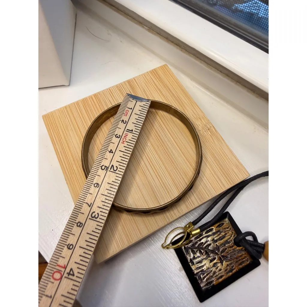 Vintage Brass Bangle & Black Cord Necklace With Textured Pendant And Wooden Bead - Image 5