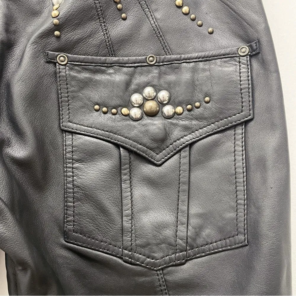 Diesel Vintage Y2K Black Leather Pants Studded Designer Biker Moto Size 29 | 8 - Image 9