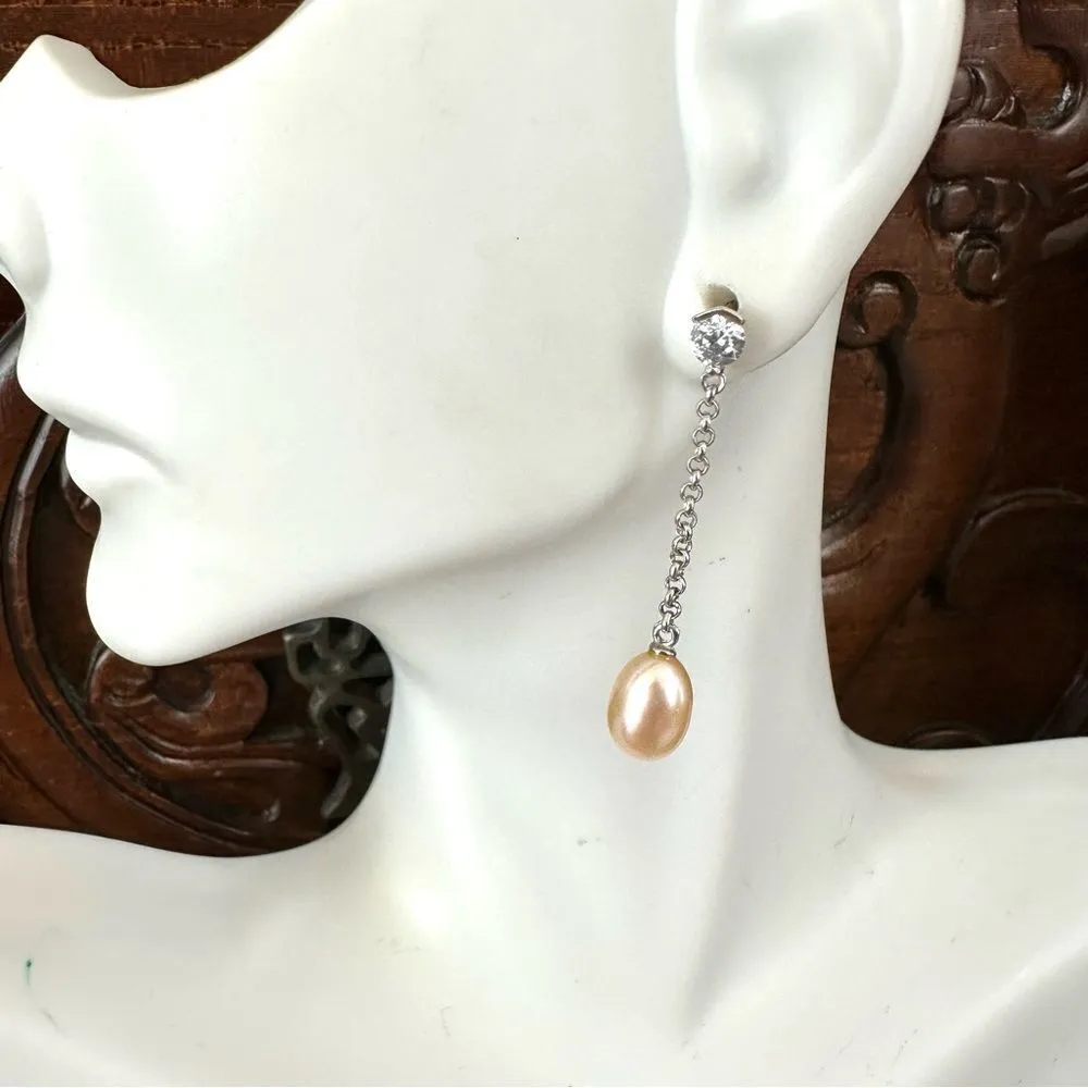 Silver tone faux pearl and rhinestone drop post earrings - Image 2