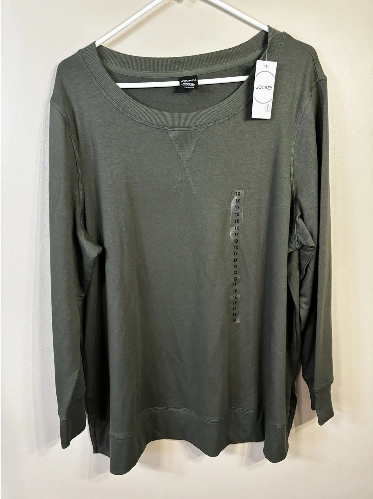 NWT Jockey Everybody Crew Sweatshirt Side Slits Womens 1X Olive Green Soft Cozy Size XL - Image 1