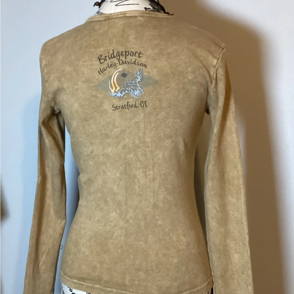 HARLEY DAVIDSON LADIES LONG SLEEVE TEE SZ. MED COTTON VINTAGE BRIDGEPORT CT Tan - Image 3