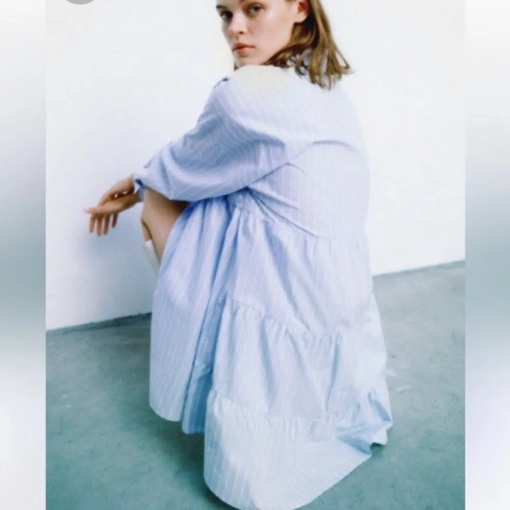 Blue Cotton Striped Long Sleeved Mini Shirt Dress S - Image 2