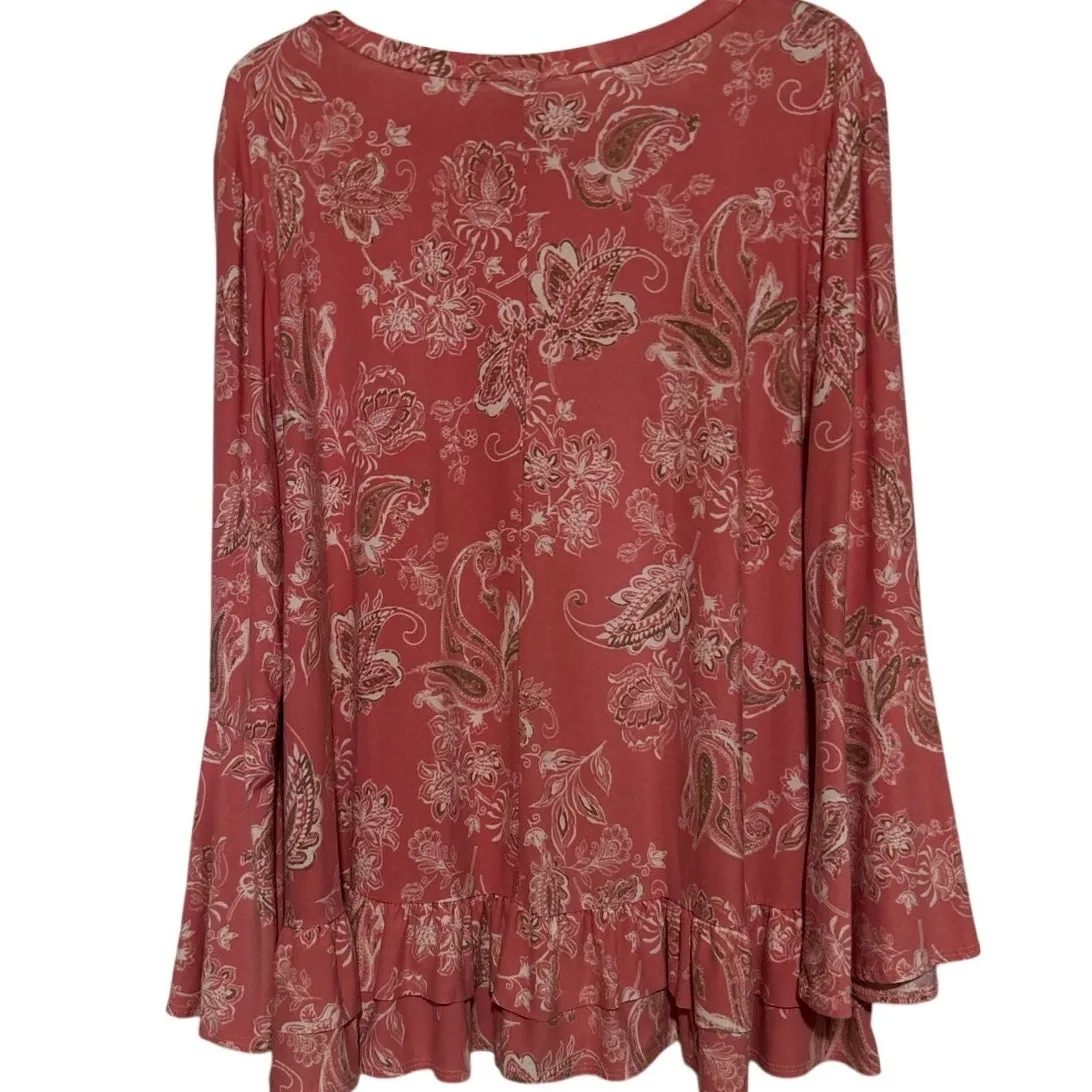 Hayzel Women's Pink Beige Paisley Long Sleeve Pullover Top Bell Sleeves Size 2XL - Image 2