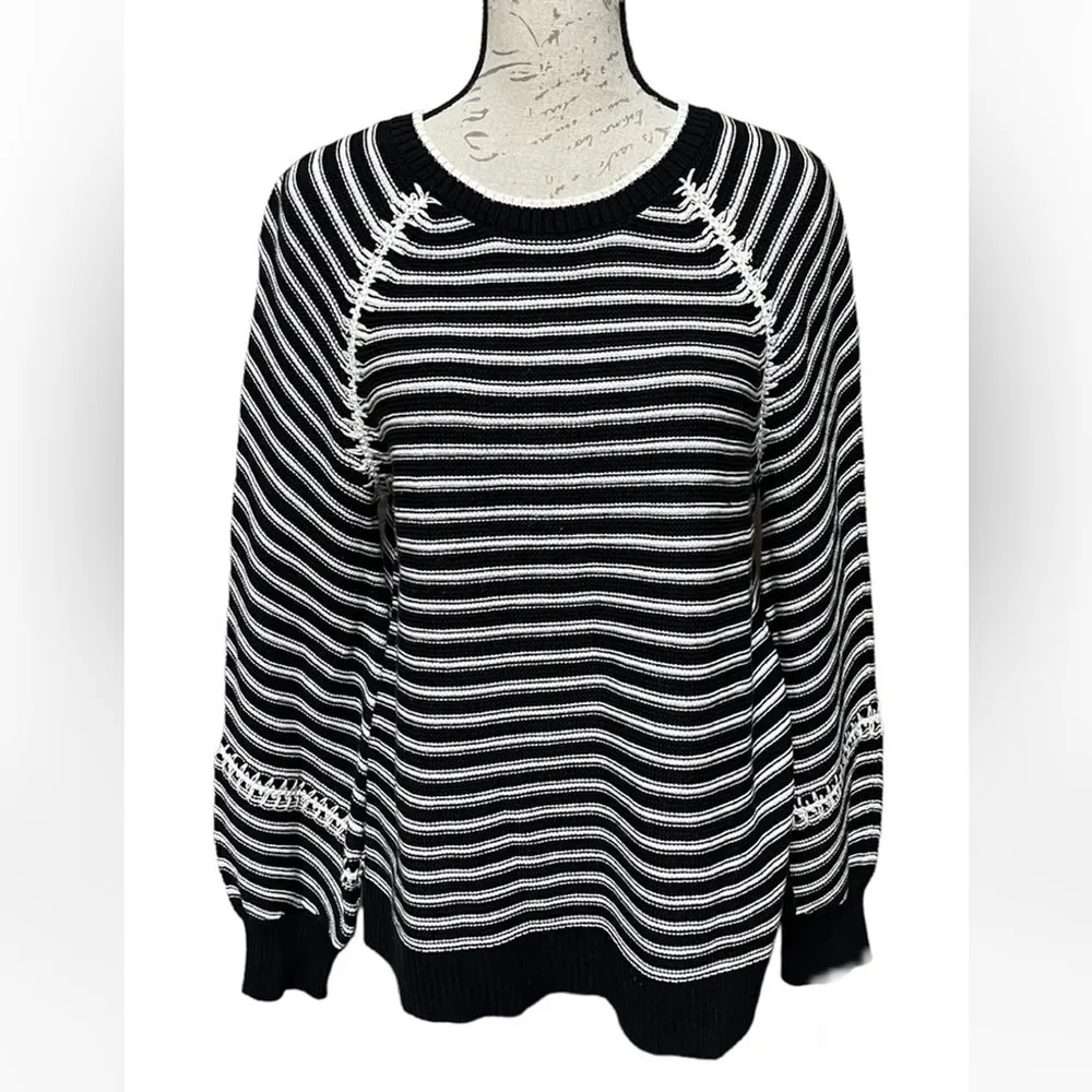 ANN Taylor Loft Cotton Sweater Womens Striped Long Sleeve Pullover Sz M - Image 2