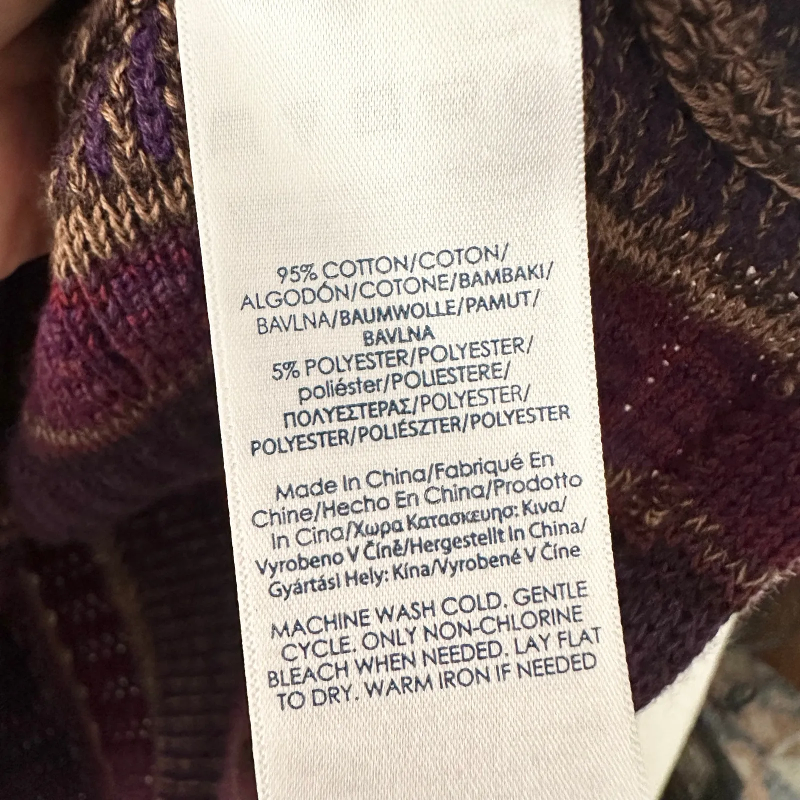 Chaps Vtg Native Boho Purple Stripe Faux Leather Stitch Neck Poncho Sweater 1X - Image 7