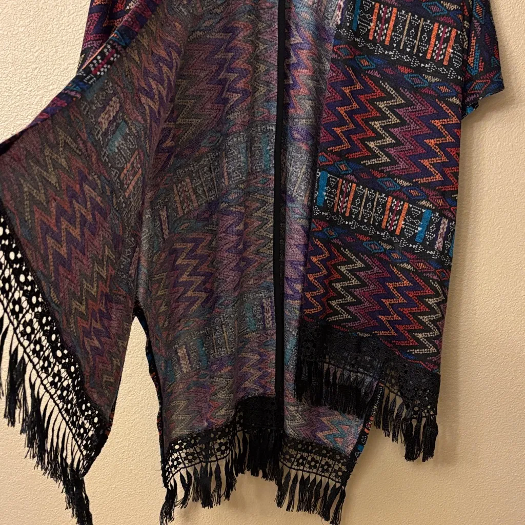 Meraki Multicolor BLACK Patterned Kimono Sweater Poncho Size LARGE Lace Fringe - Image 9