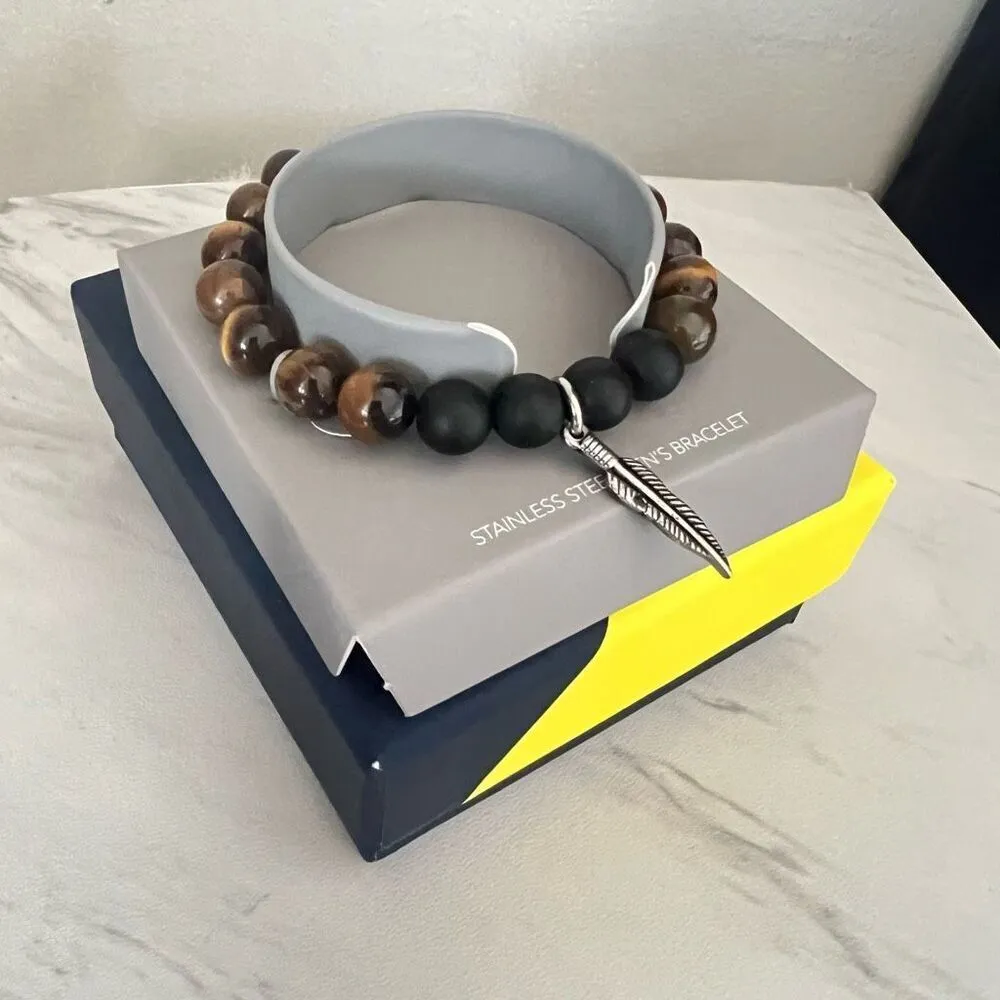 NAUTICA Tiger Eye Beaded Feather‎ Charm Bracelet, Uni Sex, Brown/Black, NWT - Image 5