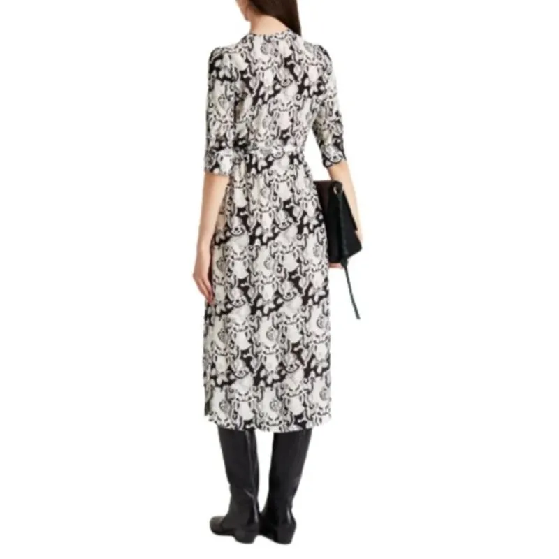 SEE BY CHLOE Black White Tie Front Midi V-Neck Long Sleeve Dress size 42 US 10 - Image 2