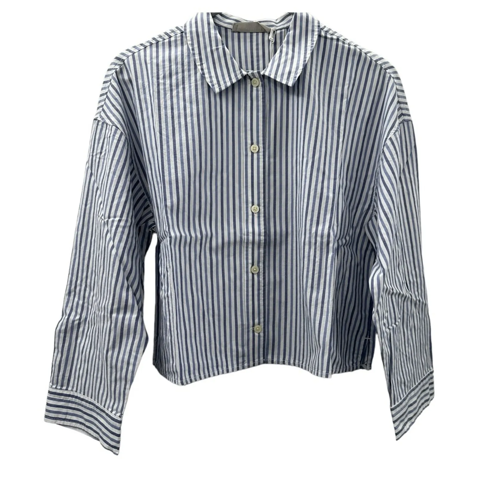 Everlane Cotton PJ Boxy Crop Button Front Blue‎ & White Striped Long Sleeve Top - Image 3