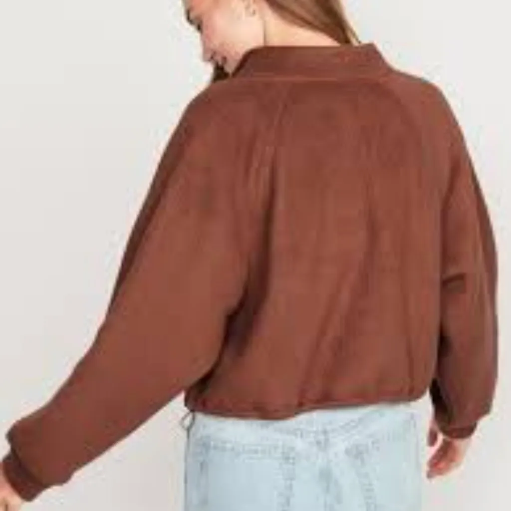 Old Navy Oversized Sherpa Half-Zip Cropped Sweatshirt  Super  Soft Size XS Brown - Image 6