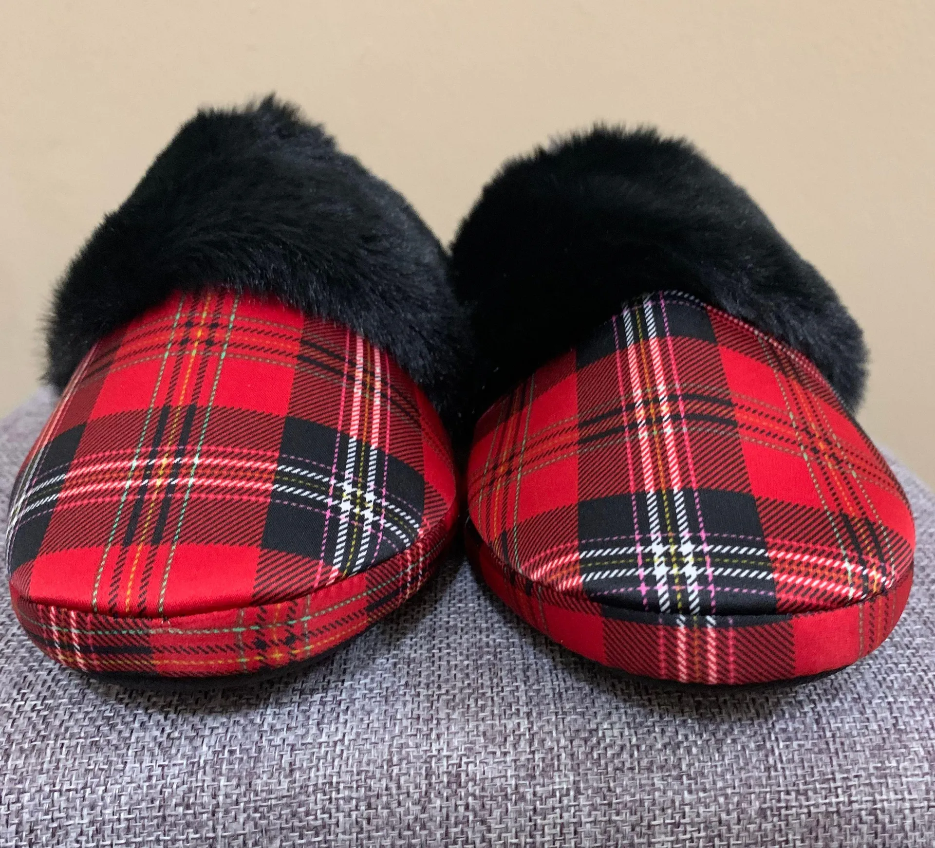 Red & Black Plaid Satin Slippers - Image 8