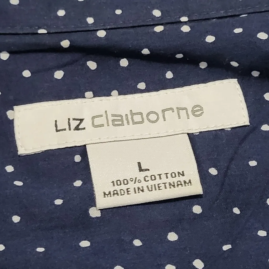 Liz Claiborne Women’s navy white polka dot long-sleeve button-down shirt sz L - Image 2