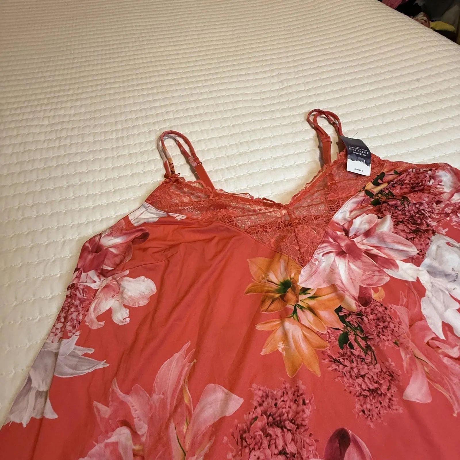 Cacique PJ Pajama Cozy Cami Top Sz 18 / 20 Red Floral Lace Trim - Image 15