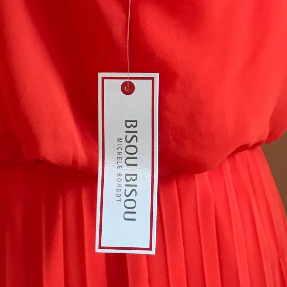 Bisou Bisou Beautiful Red Orange Maxi Dress Pleated Sheer Bottom Sz. 14 … - Image 10