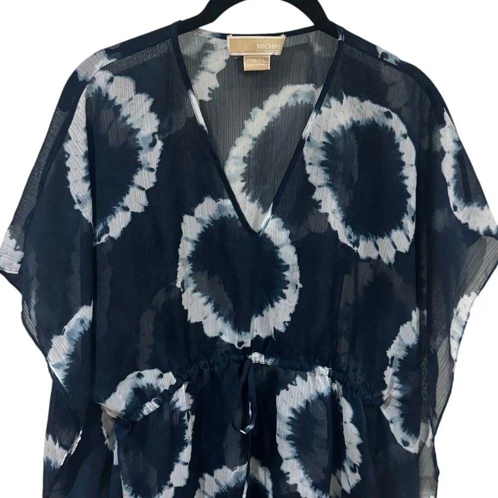 Michael Kors Navy Blue White Tie Dye Cinch Waist Swim Cover up Sheer Size MP/LP - Image 3