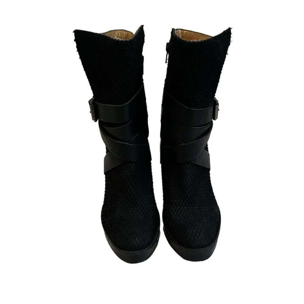 H&M Black Leather Strappy Buckle Platform Boots with Snakeskin Texture, Sz 7 - Image 10