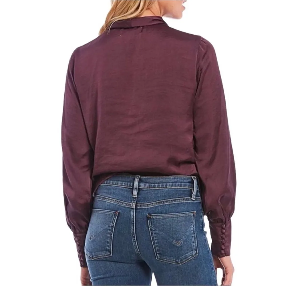 Satin Drape Neckline Billowy Sleeves Front Elastic Hem  Blouse S - Image 3