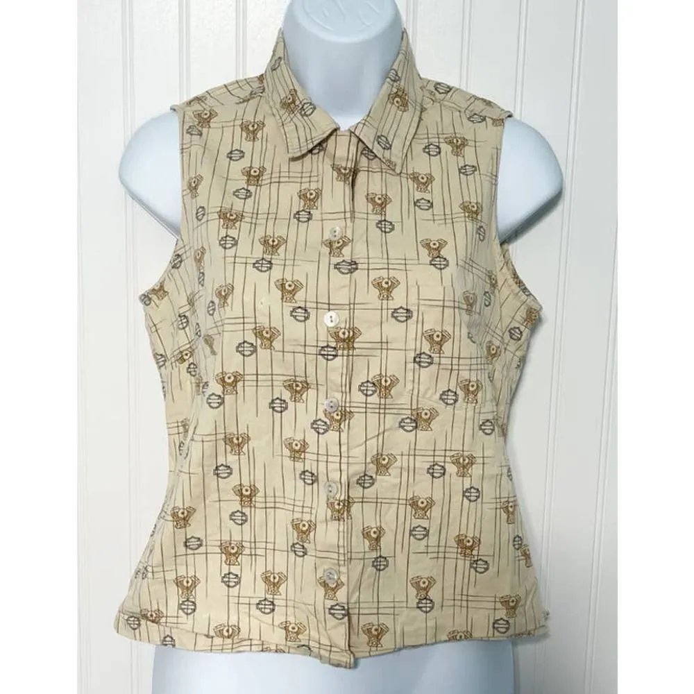 Harley Davidson Tori Richard Printed Engine Button Up Top Aloha Wear Tan Small Black - Image 12