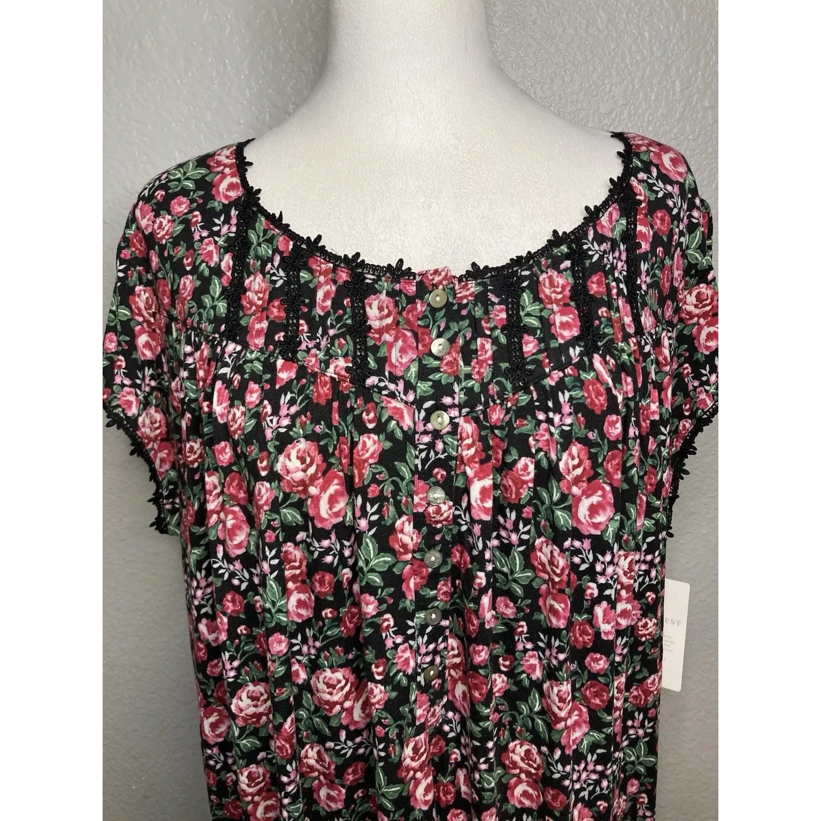 NWT Eileen West Nightgown Short Sleeve Sleep Dress Women XL Black Floral Print - Image 2
