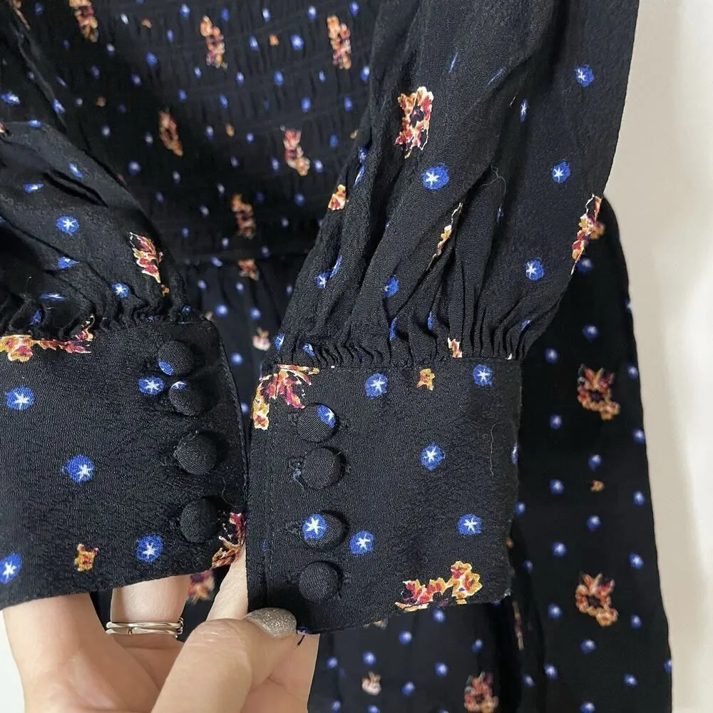 Free People Black Floral Star-Print Smocked long sleeve Mini Dress Size Small - Image 7