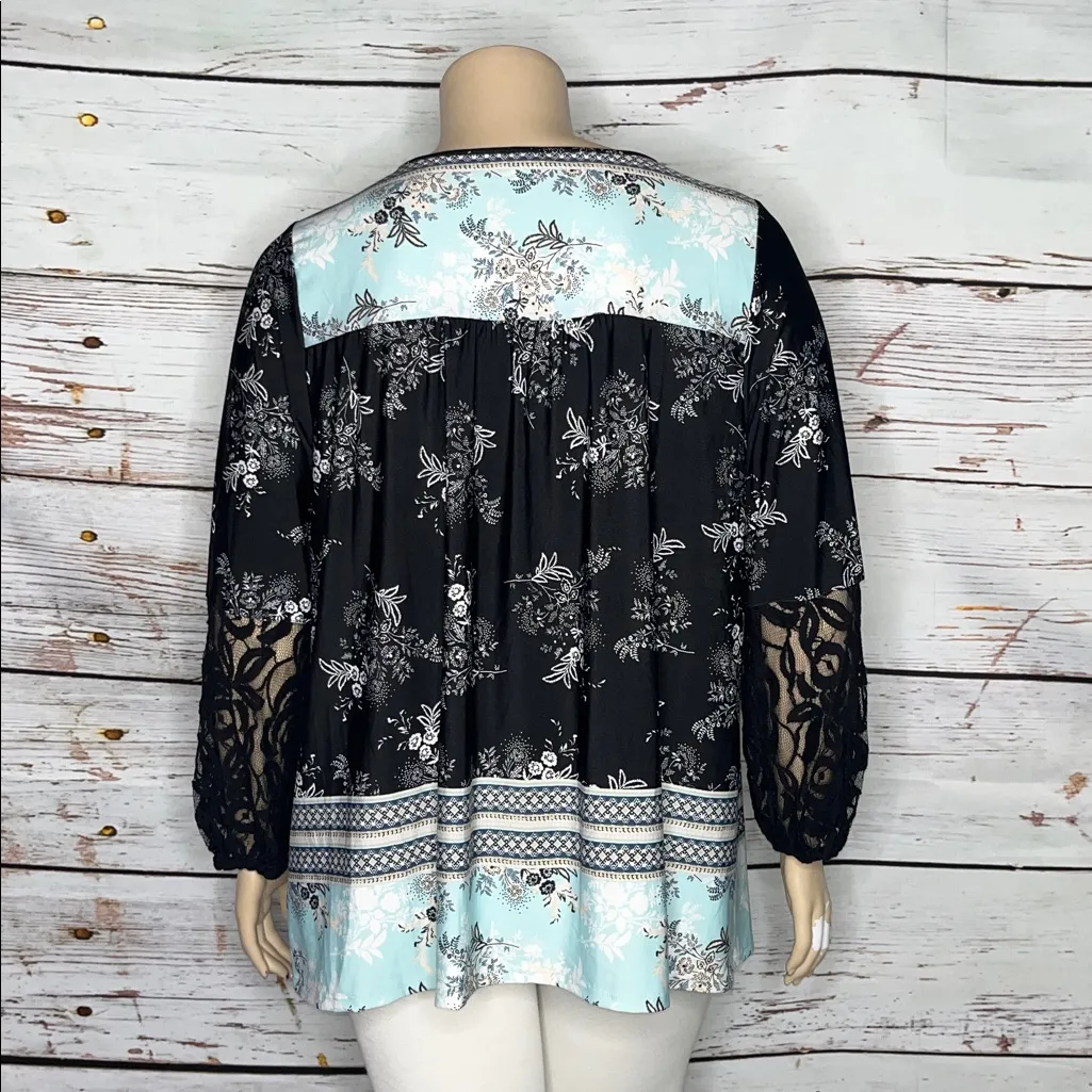 Lee Size 1X Floral Print - Black Lace Long Sleeve Keyhole Peasant Blouse Top - Image 4