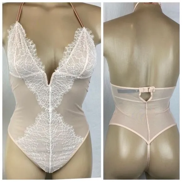 Victoria’s Secret Nude & White Sheer Netted Lace Body Suit XS - Image 2