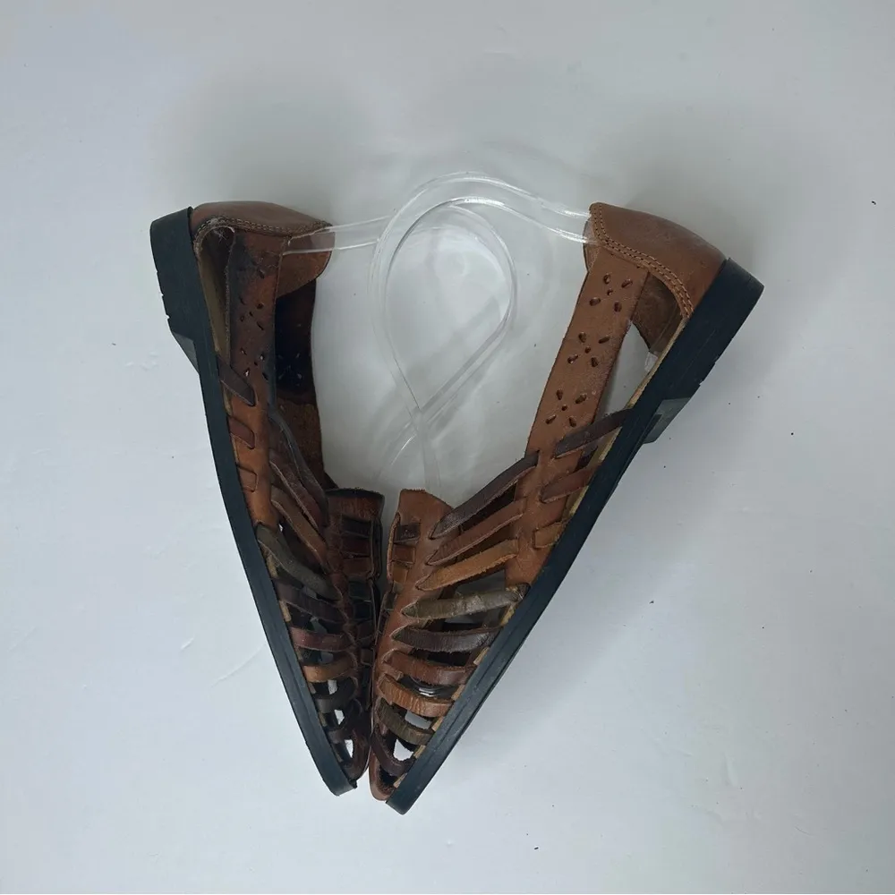 Vintage 90s y2k 2000s fisherman leather Brown Leather Cutout Flats shoes 7.5 - Image 3