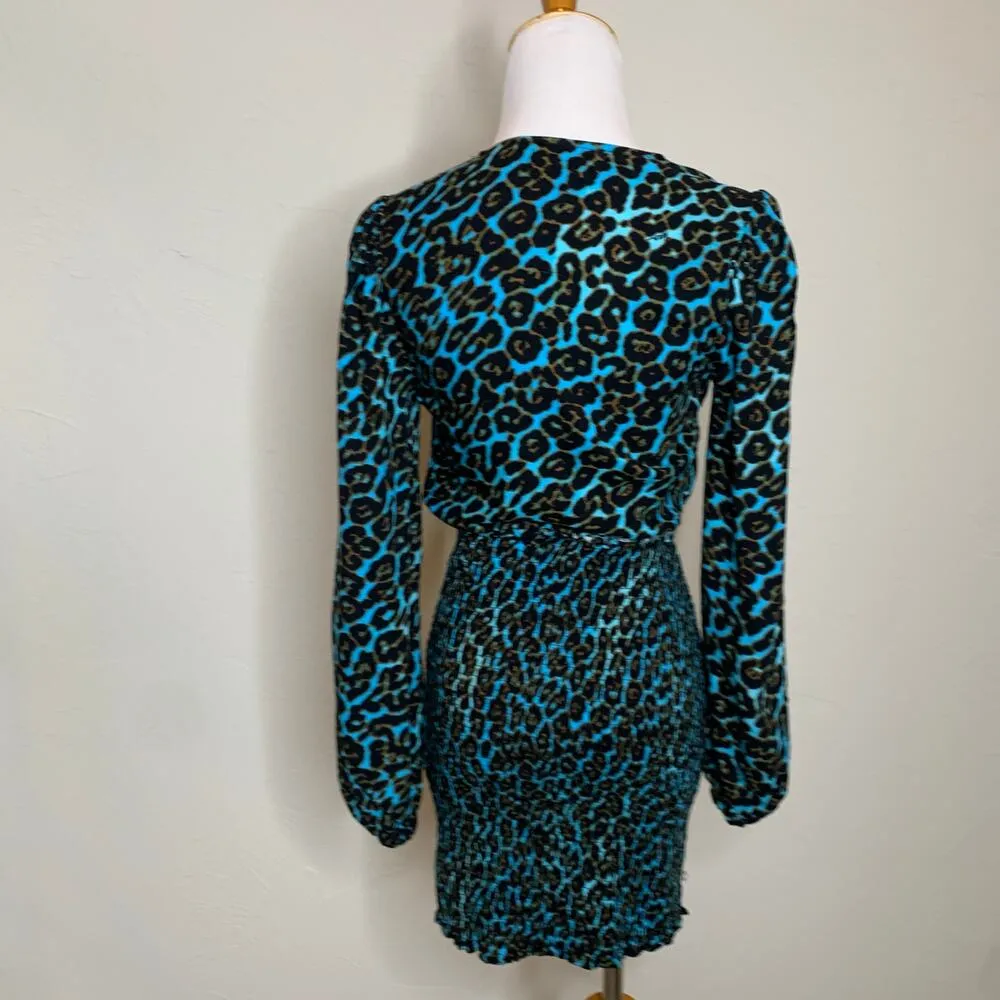 AFRM Turquoise Cheetah Leopard Print Dress Smocked Skirt Long Sleeves Sz Small Blue - Image 2