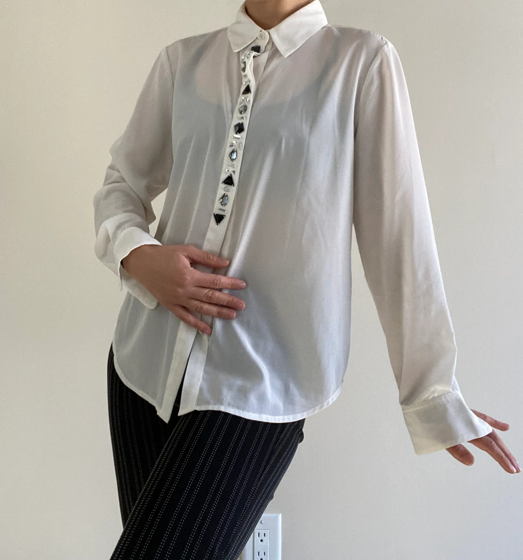 Vince Camuto White Sheer Statement Long Sleeved Button Up - Image 2