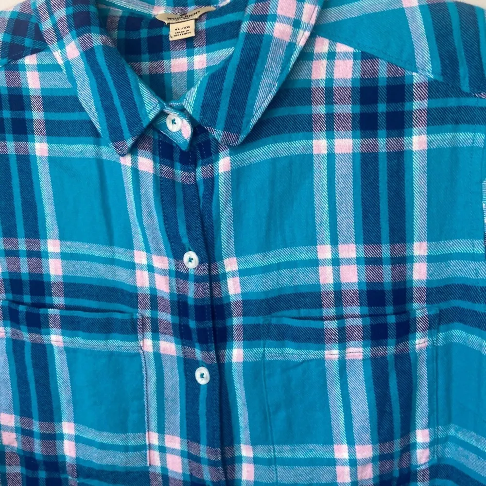 Woolrich Turquoise Blue & Pink Plaid Button Up Long Sleeve Tee Sz XL - Image 3